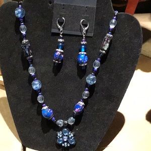 COPY - Handmade glass bead necklace and earring set in shades of blue 🪁💎💙🩵